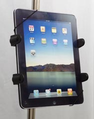Universal Tablet Holder using rail clamp mount with Bungee Securing Straps.