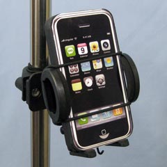 iPhone hand-held mobile device holder with rail clamp mount